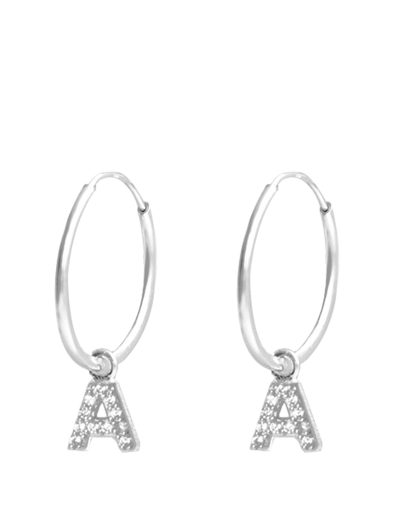 Product photograph of The Love Collection Sterling Silver Personalised Initial 14mm Hoop Earrings - T from very.co.uk