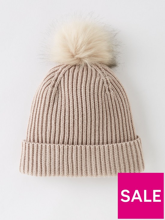 front image of v-by-very-rib-knit-beanie-with-faux-fur-pom-taupe