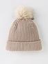  image of v-by-very-rib-knit-beanie-with-faux-fur-pom-taupe