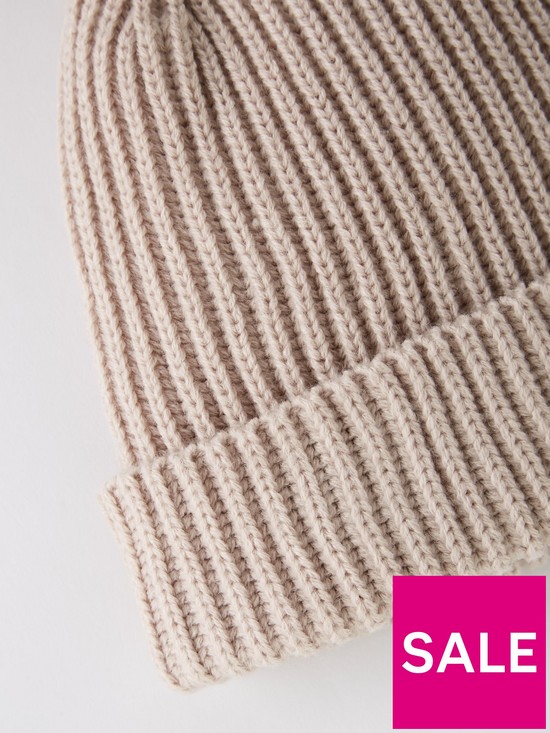 back image of v-by-very-rib-knit-beanie-with-faux-fur-pom-taupe
