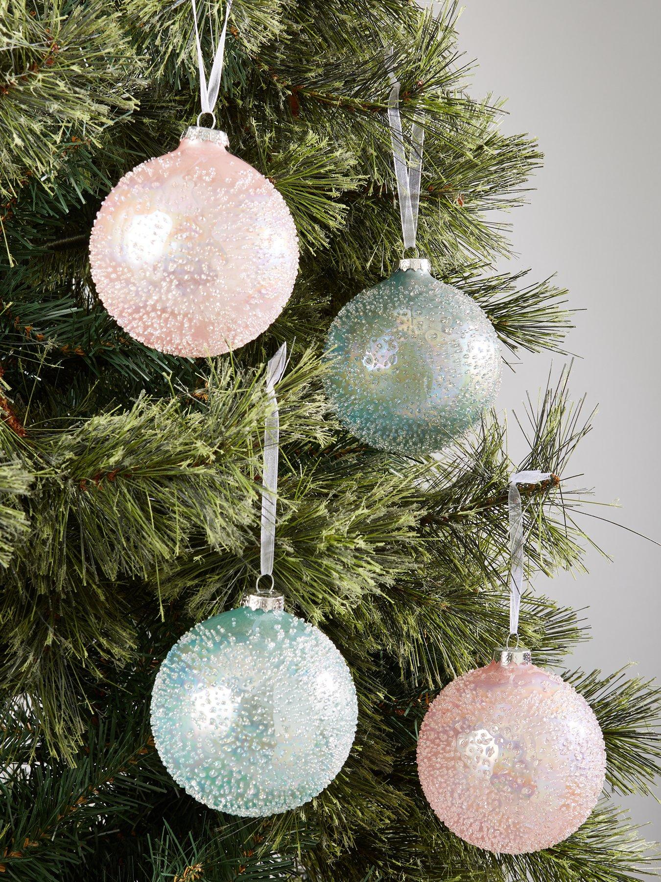 Product photograph of Set Of 4 Blue And Pink Icy Glass Christmas Baubles from very.co.uk