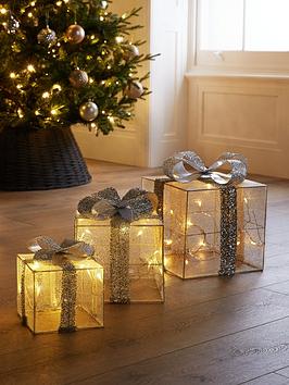 Product photograph of Very Home Set Of 3 Light Up Christmas Parcels - White Silver from very.co.uk