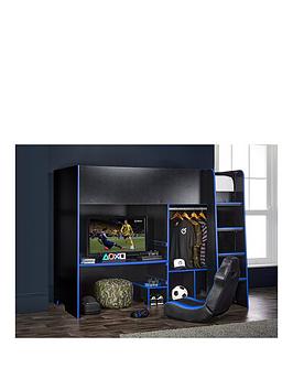 Product photograph of Lloyd Pascal Black Gaming Bed Highsleeper With Adjustable Desk-top Open Wardrobe With Blue Edging from very.co.uk