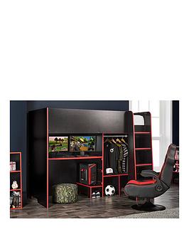 Product photograph of Lloyd Pascal Black Gaming Bed Highsleeper With Adjustable Desk-top Open Wardrobe With Red Edging from very.co.uk