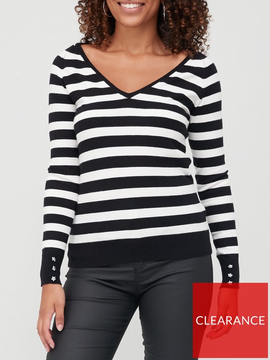 front image of v-by-very-knitted-stripe-front-and-back-v-neck-star-button-cuff-jumper-black-white