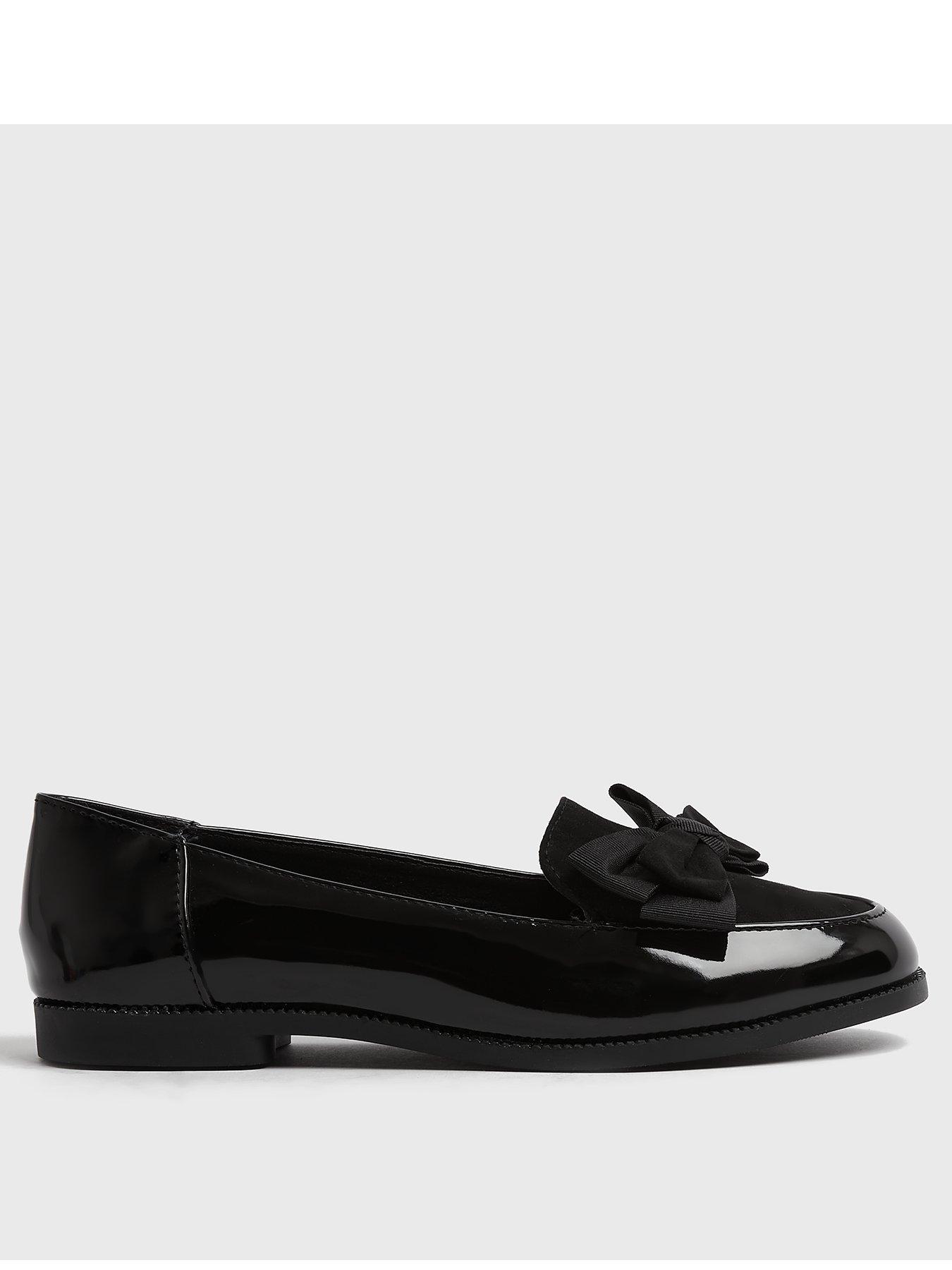 black patent bow front loafers