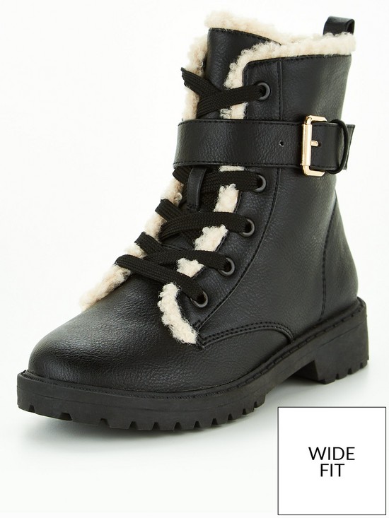 front image of v-by-very-wide-fit-faux-fur-trim-lace-up-boot