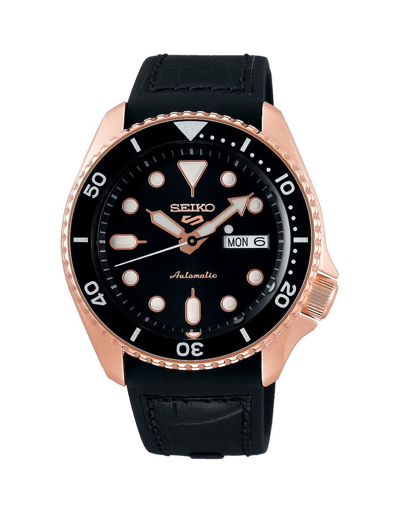 Jewellery & watches Sport Black Date Dial Rose Tone Bezel Black Silicone Strap Watch