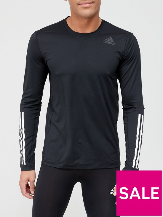 front image of adidas-3-stripe-techfit-baselayer-long-sleeve-t-shirt-black