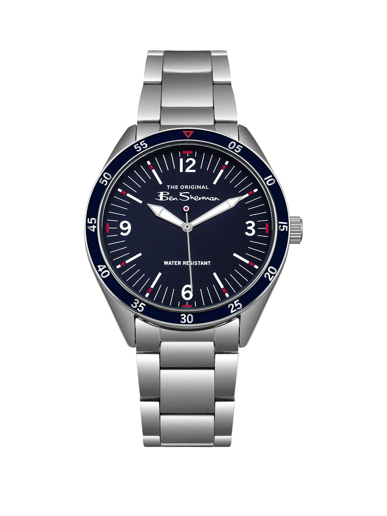 Product photograph of Ben Sherman Blue Dial Red Accents Stainless Steel Bracelet Watch from very.co.uk