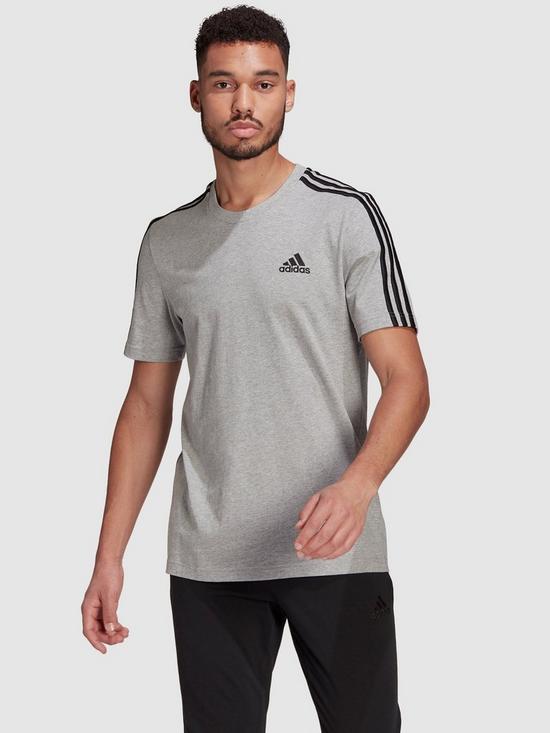 front image of adidas-badge-of-sportnbsp3-stripe-t-shirt-plus-size-medium-grey-heather
