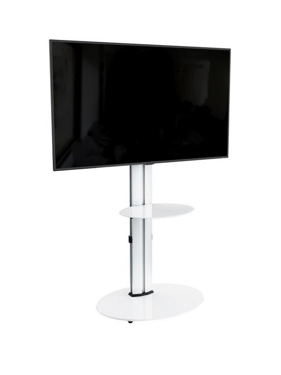stillFront image of avf-eno-oval-600-pedestal-tv-stand-silverwhitenbsp-nbspfits-up-to-55-inch-tv