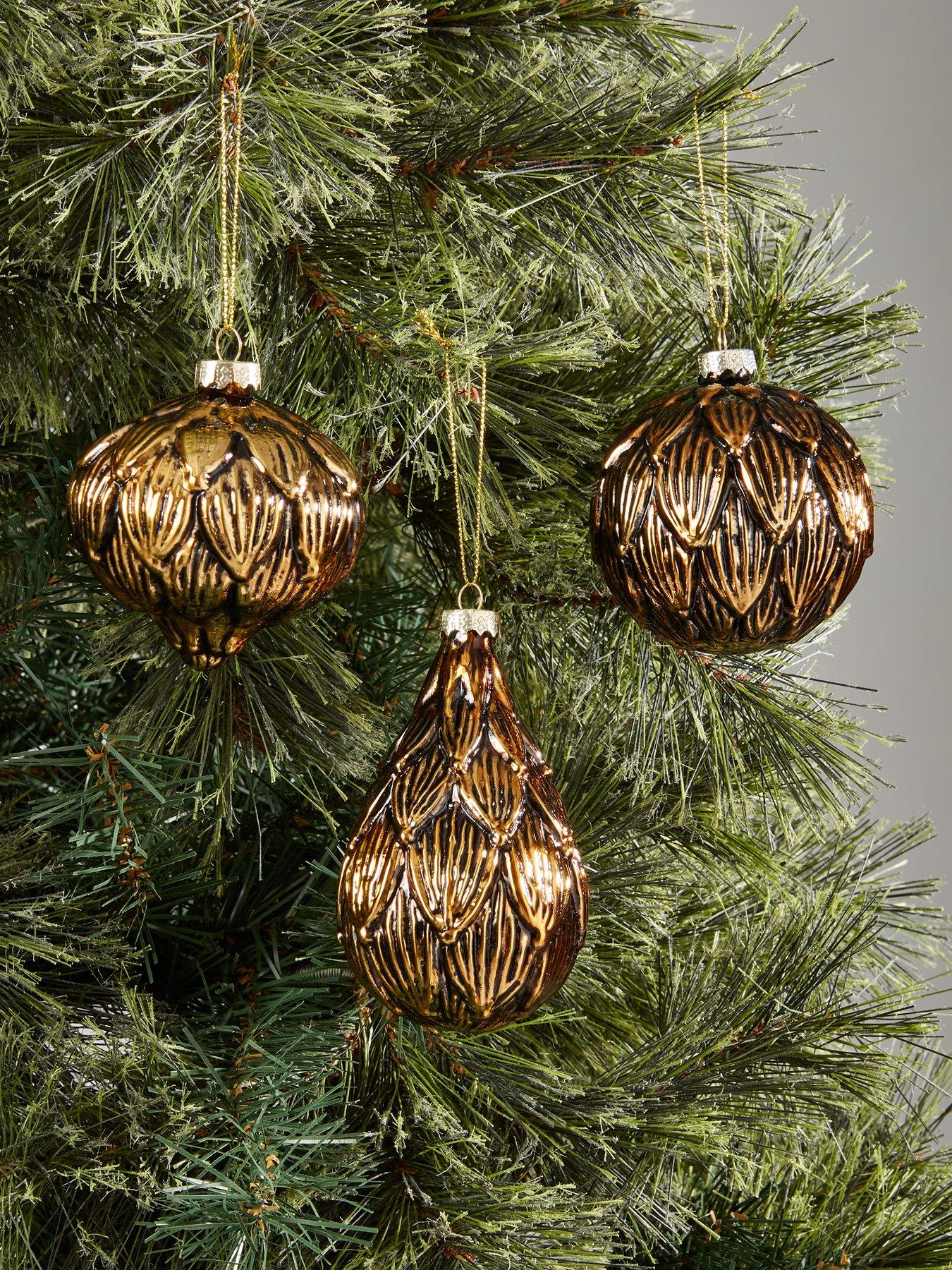 Product photograph of Festive Set Of 3 Gold And Black Layered Leaf Baubles from very.co.uk