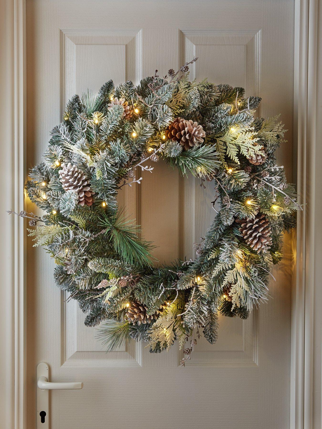 Image 1 of 5 of Very Home Frosted Cone Pre-Lit Christmas Wreath &ndash; 80 cm diameter