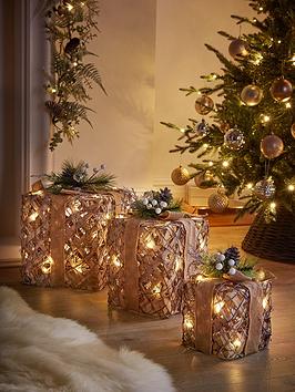 Product photograph of Very Home Set Of 3 Lit Rattan Gift Boxes Christmas Decorations from very.co.uk