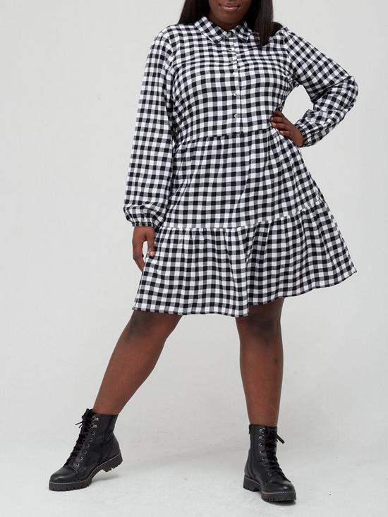 front image of v-by-very-curve-mono-check-tiered-mininbspshirt-dress-blackwhite