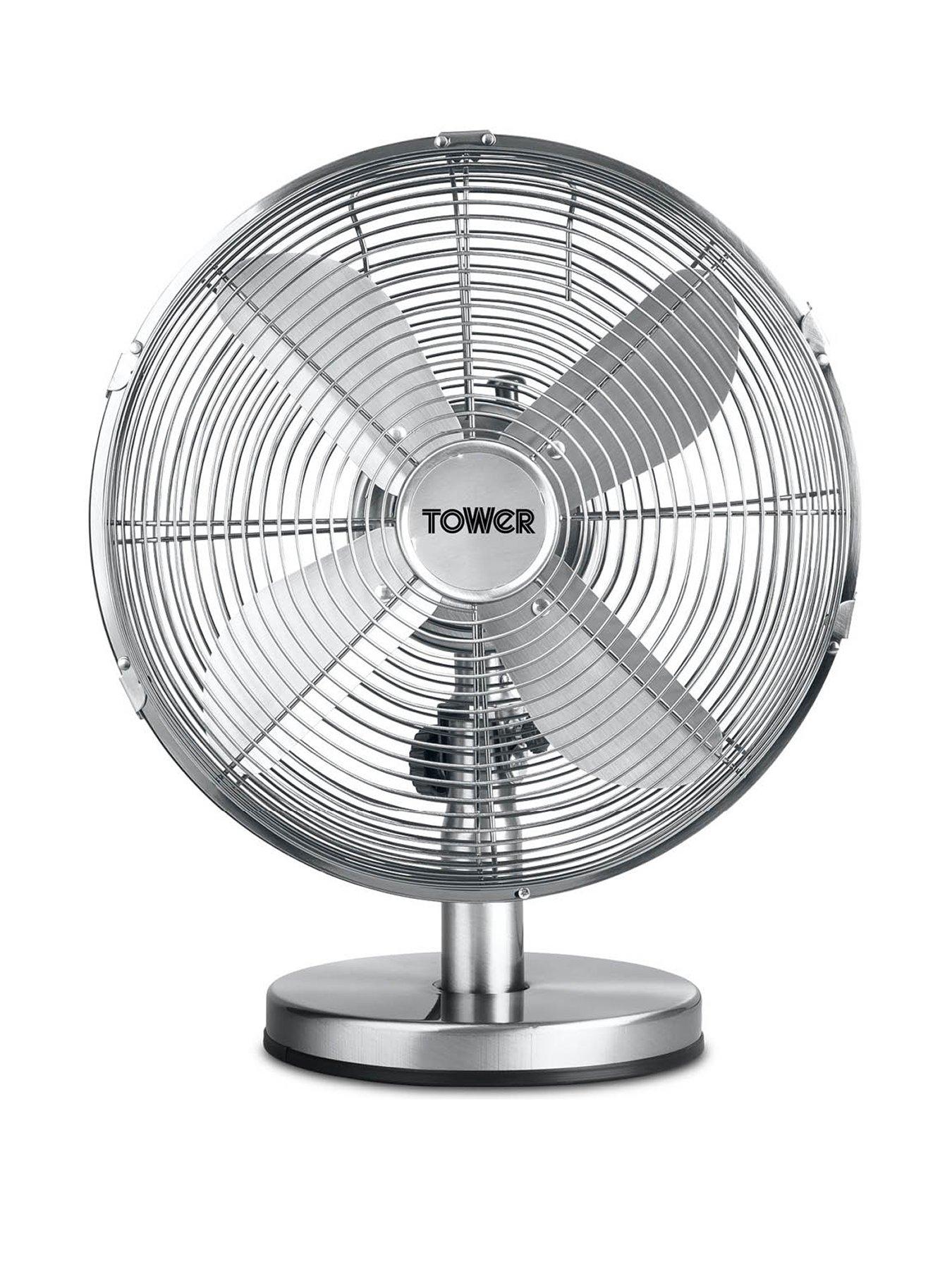 Product photograph of Tower T605000 Metal Desk Fan With 3 Speeds Automatic Oscillation Long-life Motor 12 Inch 35w Chrome from very.co.uk
