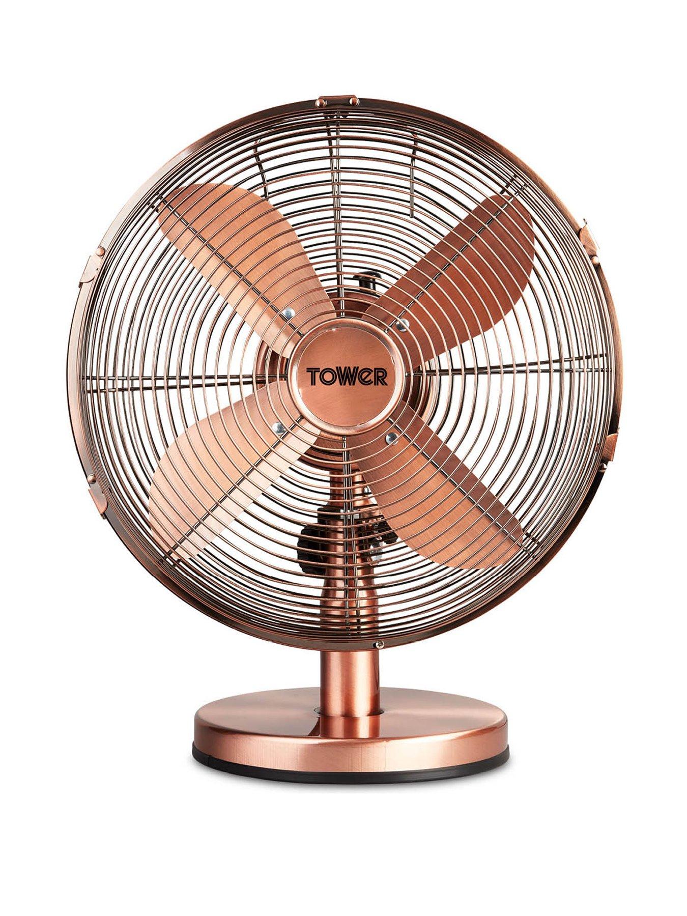 Product photograph of Tower T605000c Metal Desk Fan With 3 Speeds Automatic Oscillation Long-life Motor 12 Rdquo 35w Copper from very.co.uk