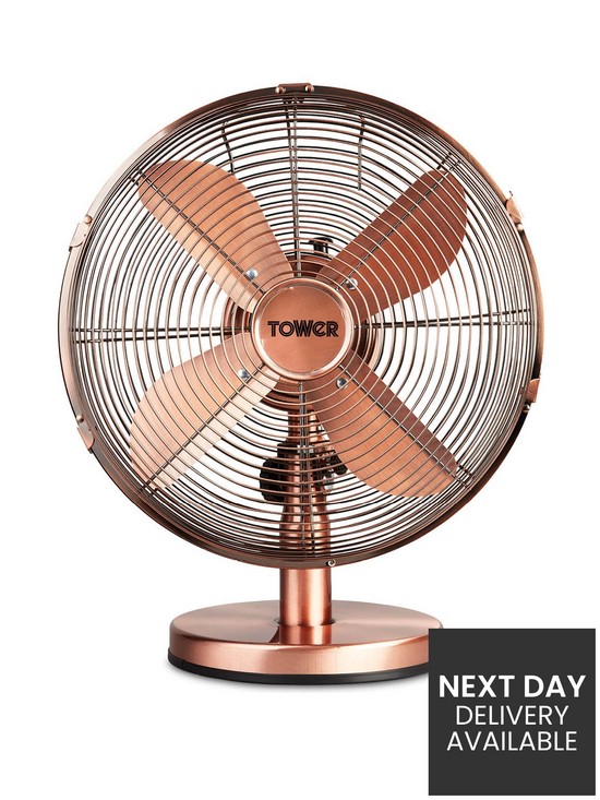 front image of tower-t605000c-metal-desk-fan-with-3-speeds-automatic-oscillation-long-life-motor-12rdquo-35w-copper