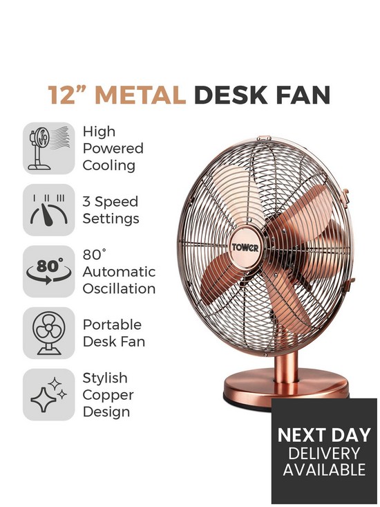 stillFront image of tower-t605000c-metal-desk-fan-with-3-speeds-automatic-oscillation-long-life-motor-12rdquo-35w-copper