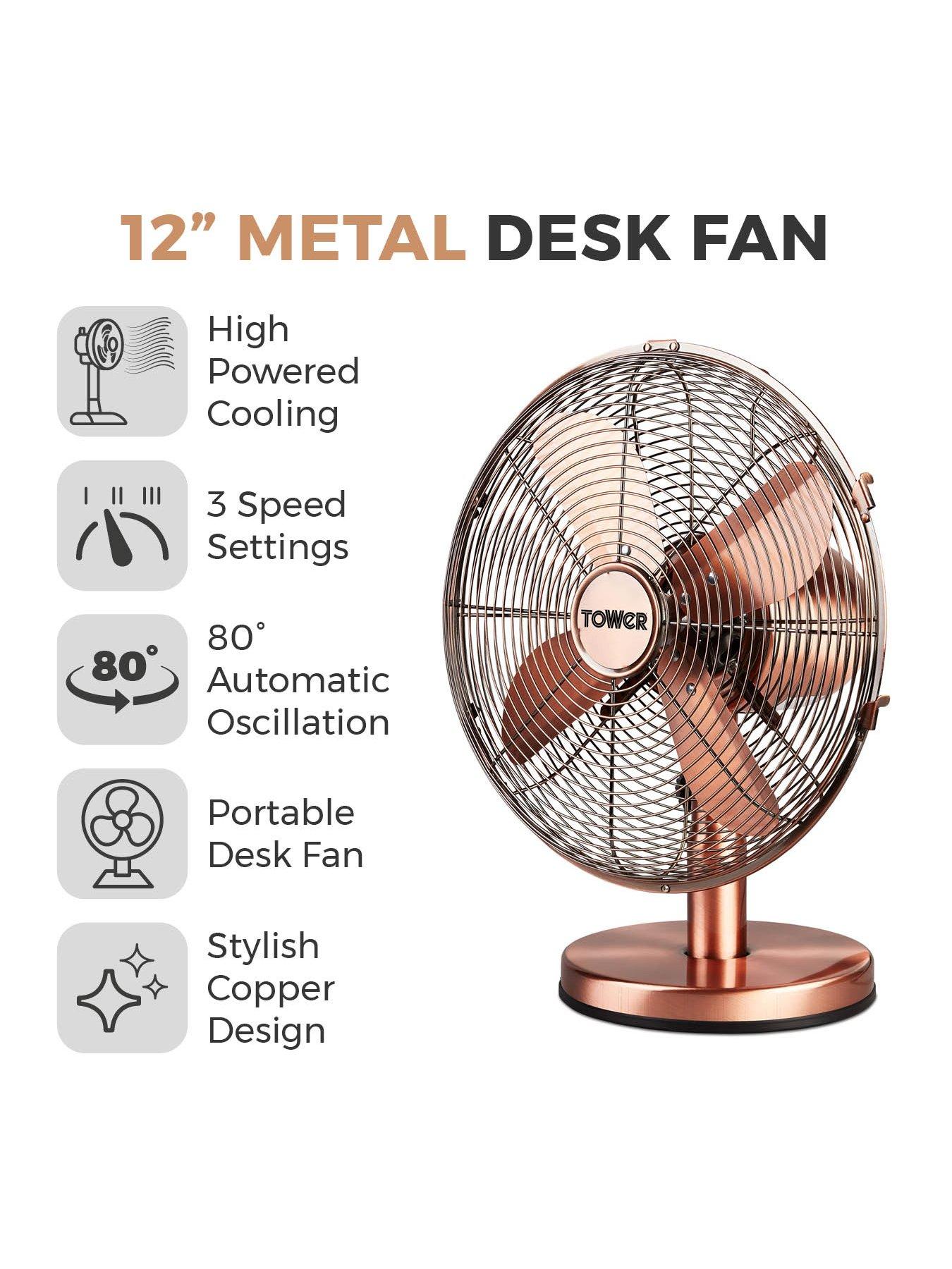 Image 2 of 6 of Tower T605000C Metal Desk Fan with 3 Speeds, Automatic Oscillation, Long-Life Motor, 12&rdquo;, 35W, Copper