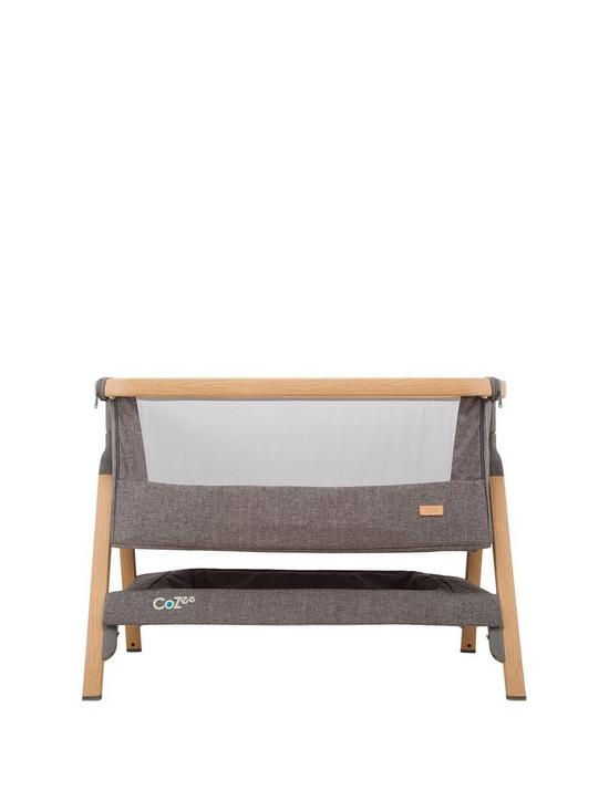 front image of tutti-bambini-cozee-bedside-crib-oak-and-charcoal