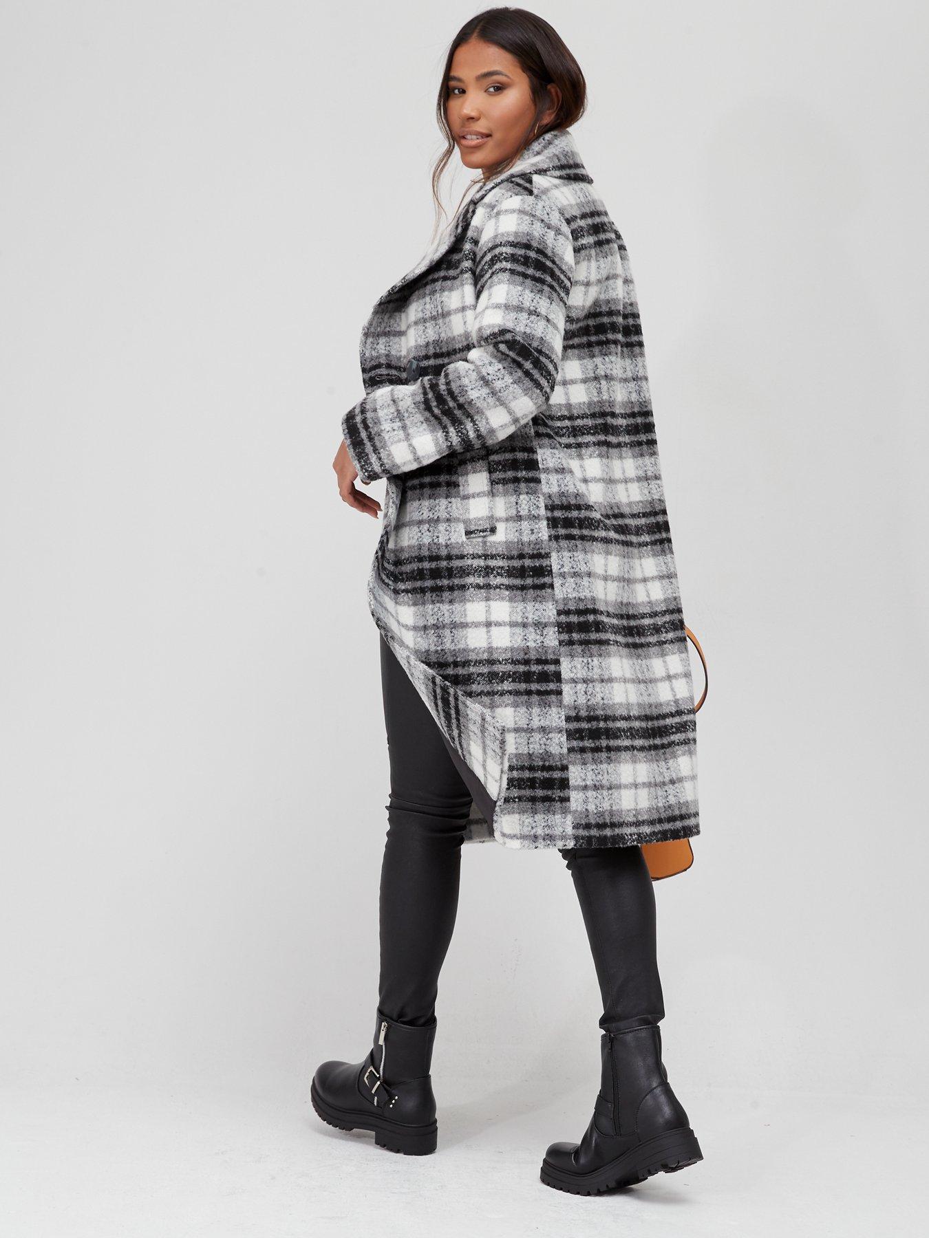 Women Check Double Breasted Coat - Black/White