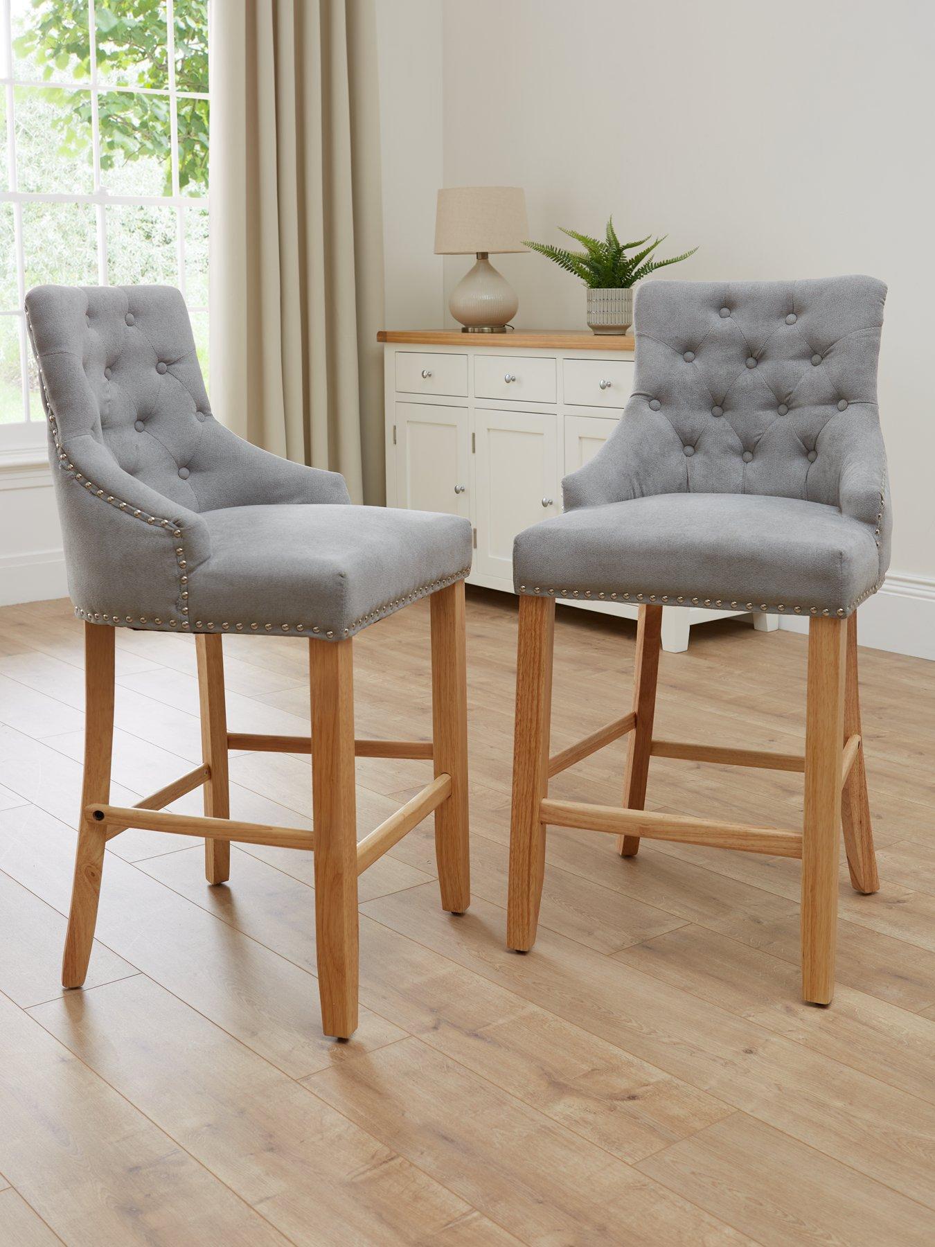 undefined Warwick Pair of Velvet Bar Stools - Grey/Oak - FSC® Certified