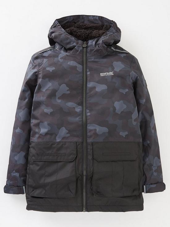 front image of regatta-kids-salman-waterproof-insulated-jacket-black-camouflage