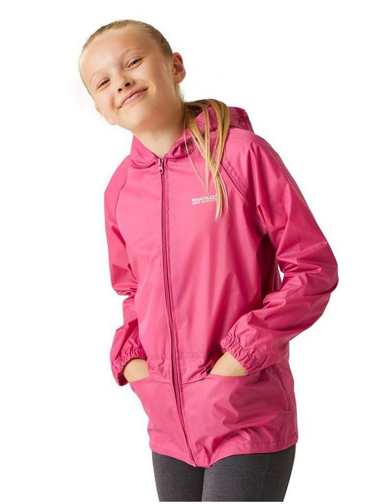 front image of regatta-kids-stormbreak-waterproof-jacket-pink
