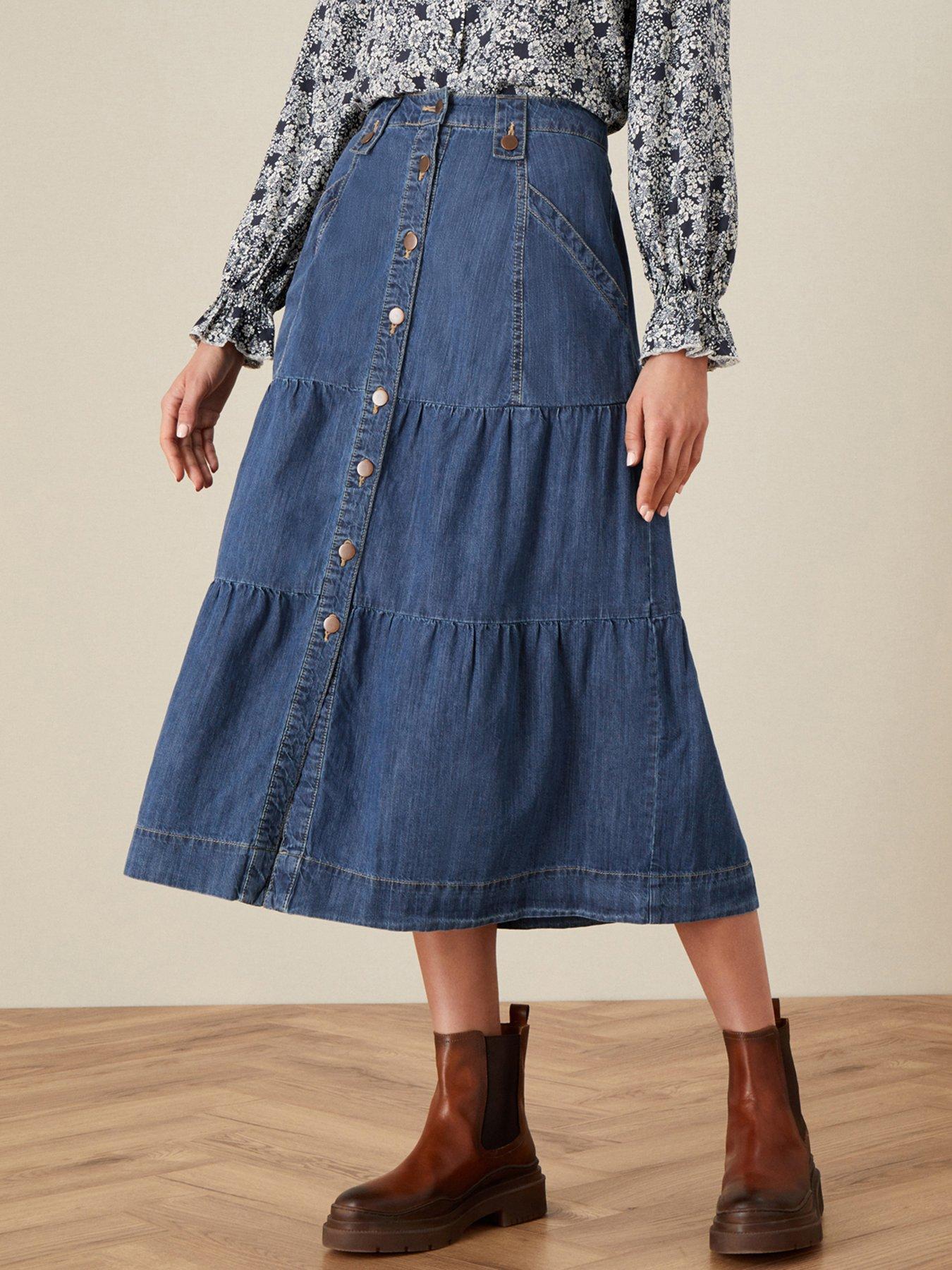 Women Button Through Denim Midi Skirt - Denim Blue