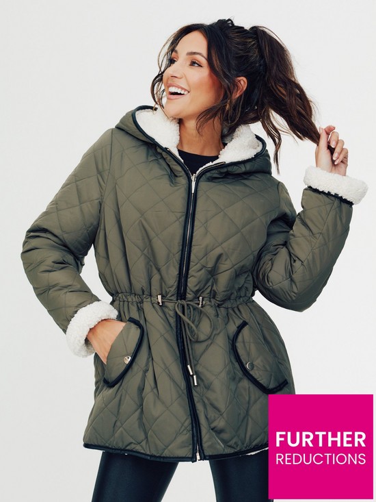 front image of michelle-keegan-reversible-quilted-teddy-coat-olive