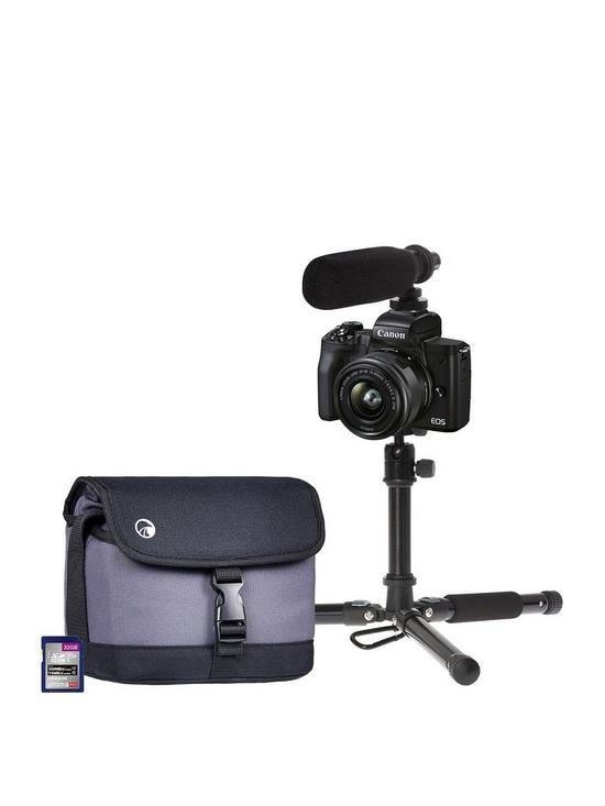 stillFront image of canon-eos-m50-mkii-vlogger-kit-inc-15-45mm-lens-on-camera-shotgun-microphone-tripod-32gb-sd-card-amp-case-black