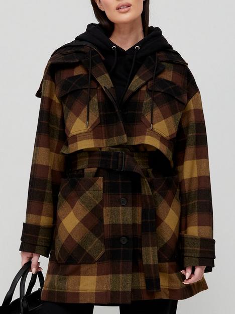 kenzo-belted-check-trench-coat-brown