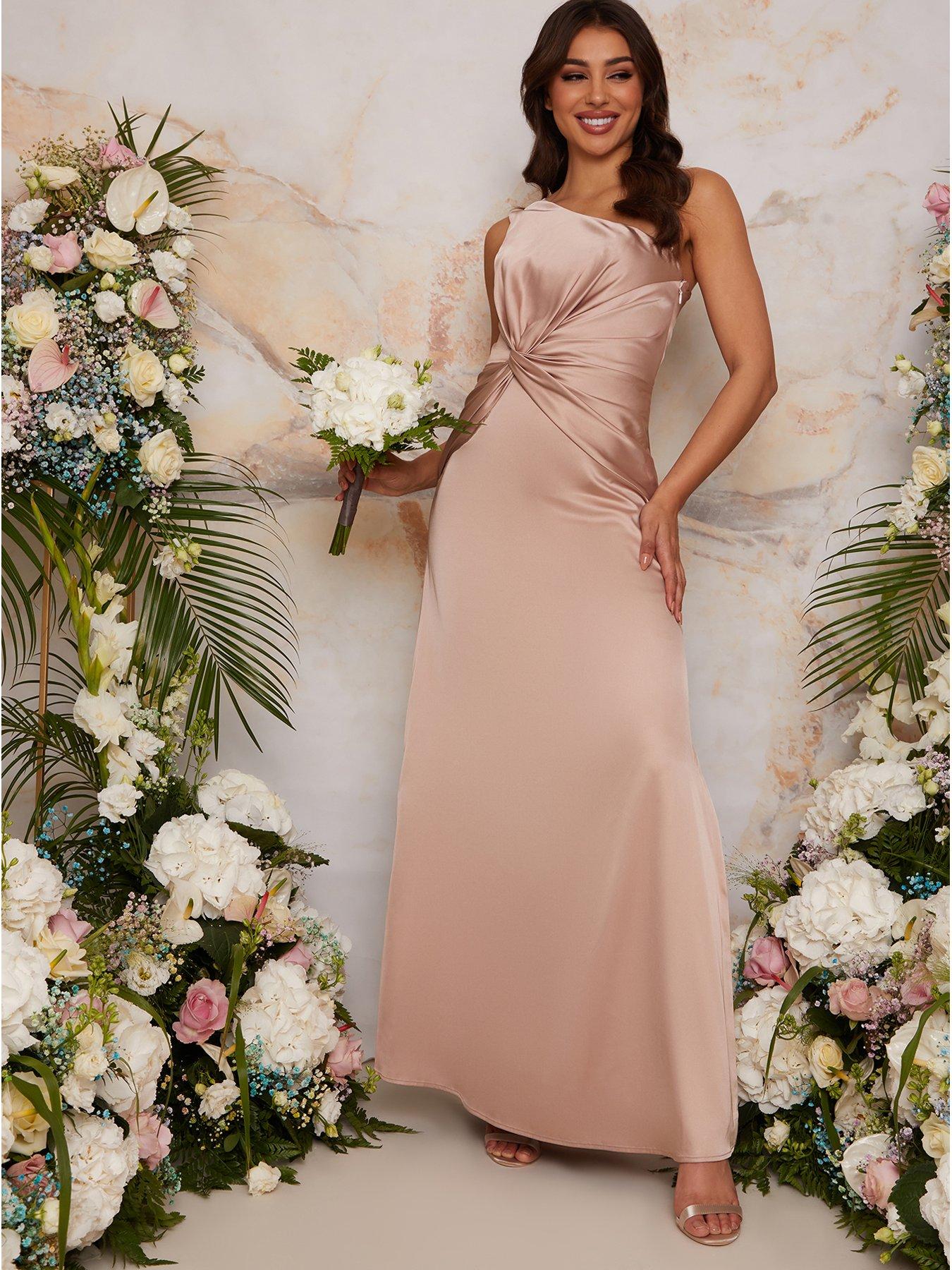 one shoulder champagne bridesmaid dress