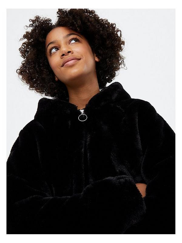 New Look 915 Girls Hooded Faux Fur, Childrens Faux Fur Coats Jackets Black