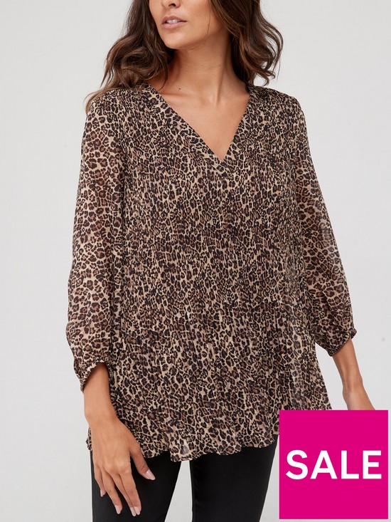 front image of v-by-very-pleated-v-neck-blouse-animal-print
