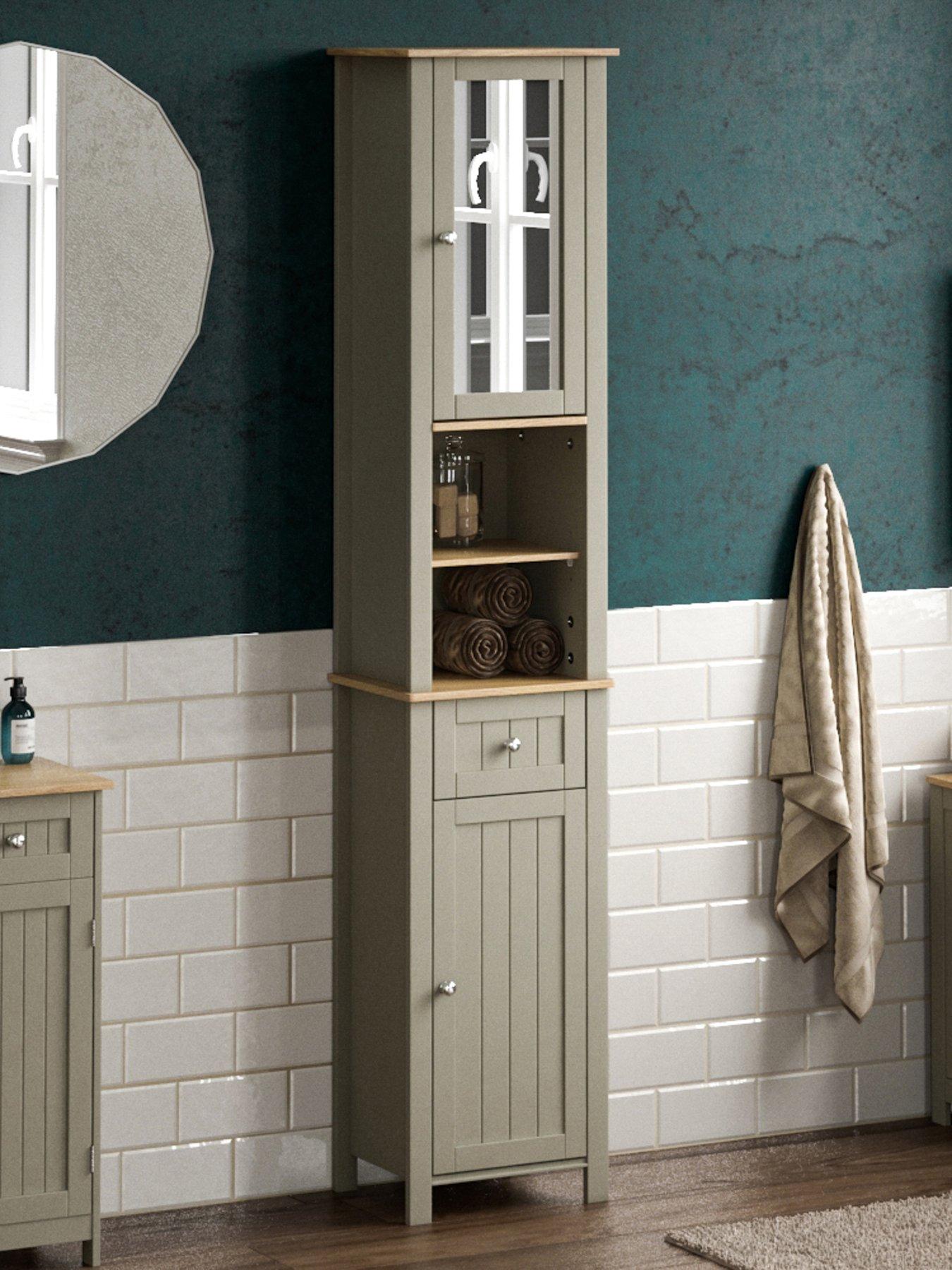 Glossy Bathroom Tallboy Cabinet with Mirror in Grey