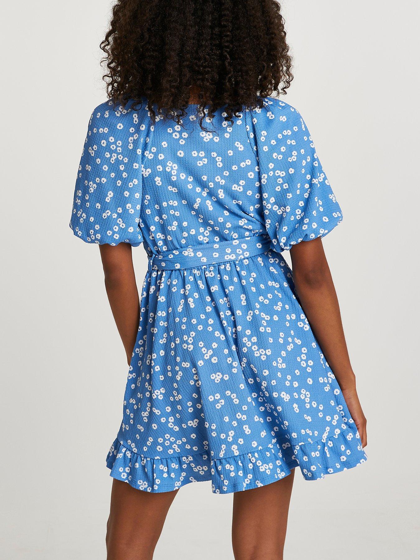 river island blue belted spot dress