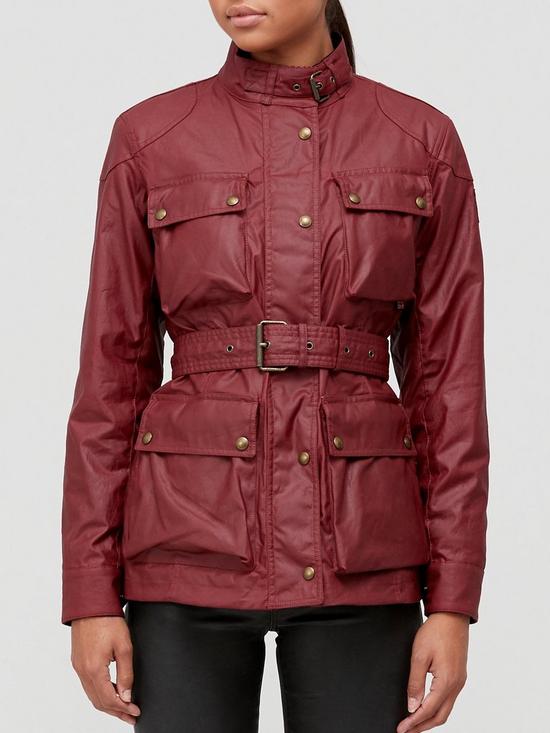 front image of belstaff-trialmaster-belted-wax-jacket-red