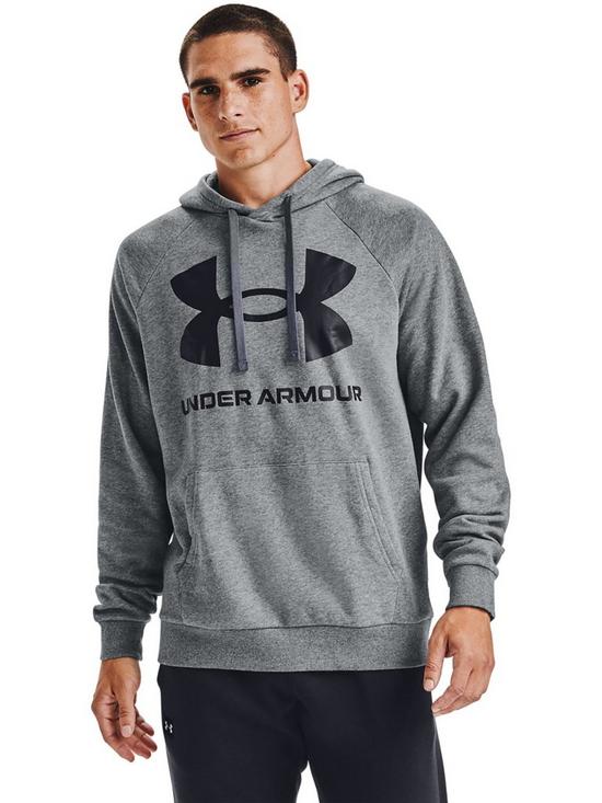 front image of under-armour-training-rival-fleece-big-logo-hoodie-grey-black