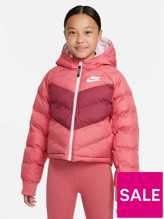 front image of nike-g-nsw-synthetic-fill-hooded-jacket-pinkwhite