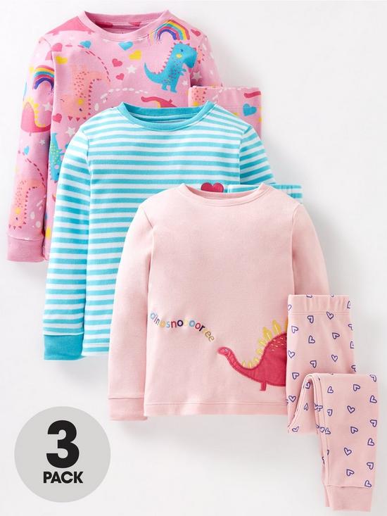 front image of mini-v-by-very-girls-dino-long-sleeve-snuggle-fit-pj-set-3-pack-multinbsp