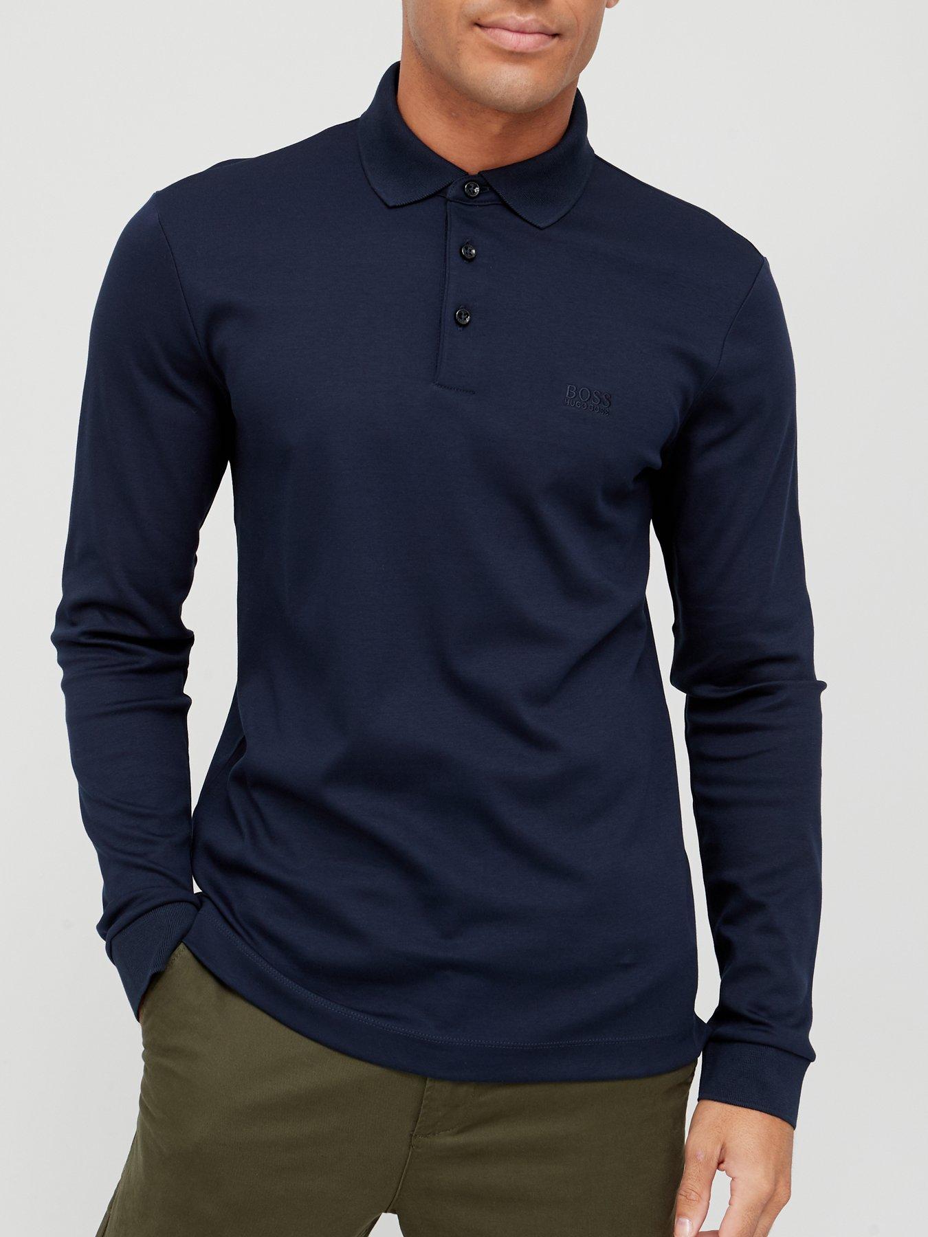 BOSS Pado Long Sleeve Polo Shirt - Dark Blue | very.co.uk
