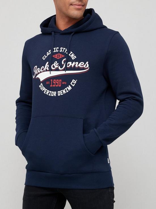 front image of jack-jones-logo-hoodie-navynbsp