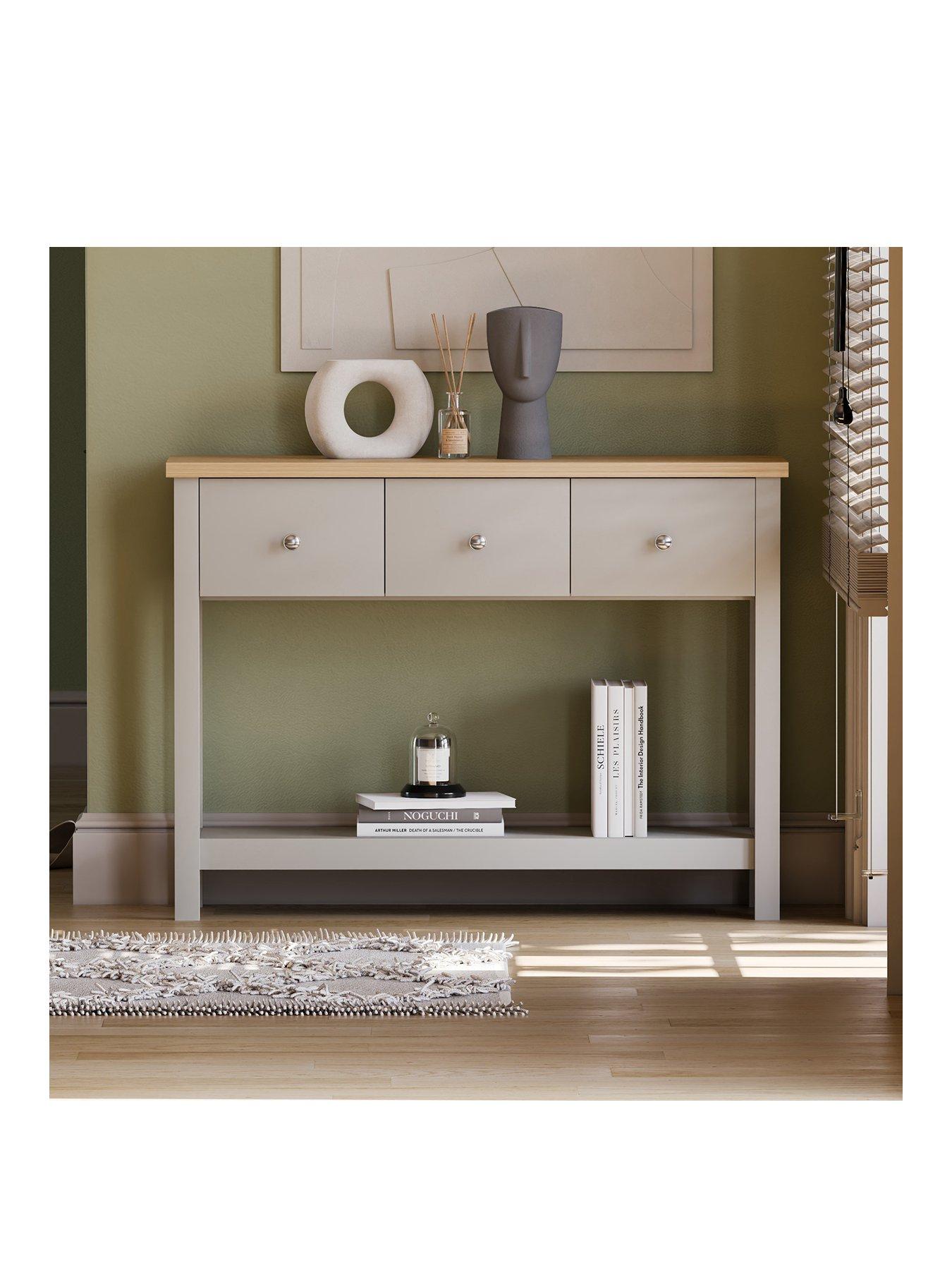 Table Console Arlington Vida Designs - 3 Tiroirs, étagère, Finition Blanc Et Chêne - Pour Entrée, Salon, Chambre