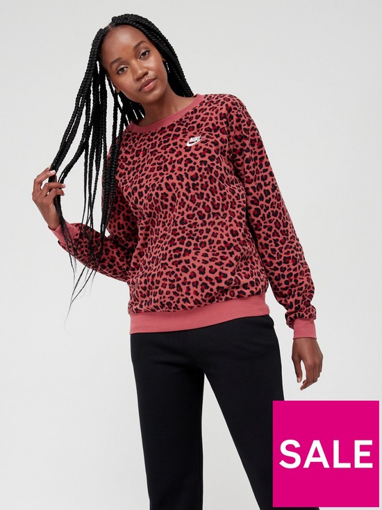 front image of nike-nsw-leopard-print-crew-pink