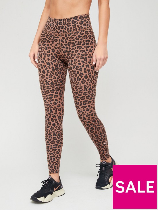 front image of nike-the-one-dri-fit-leopard-print-leggings-brown