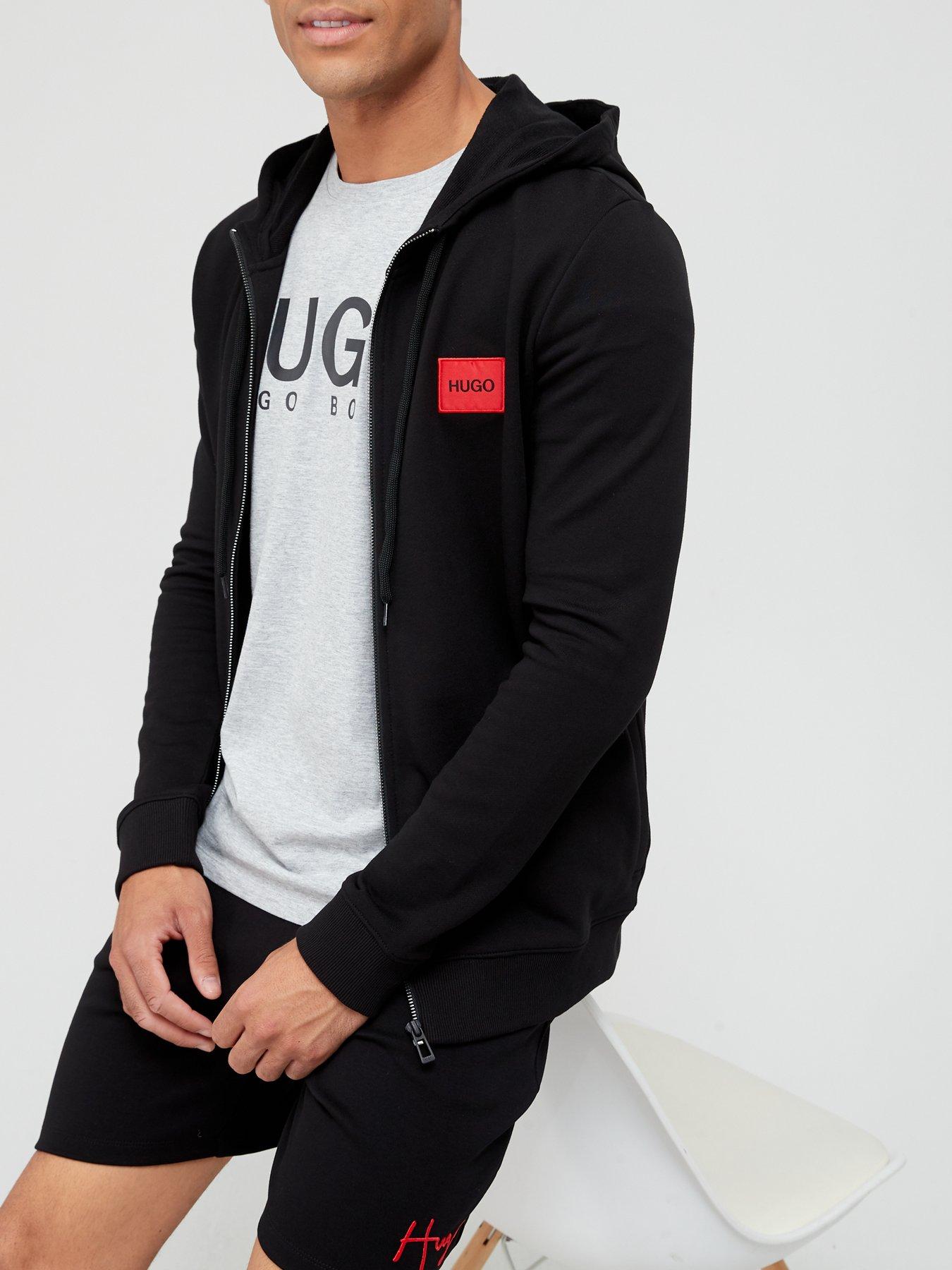 HUGO Daple Red Patch Logo Zip Thru Hoodie - Black