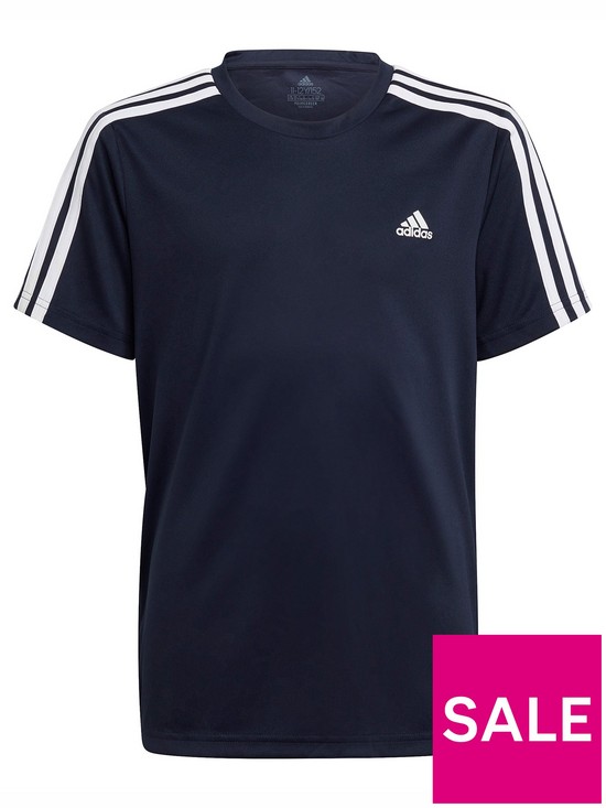 front image of adidas-junior-boys-3-stripes-t-shirt-navywhite